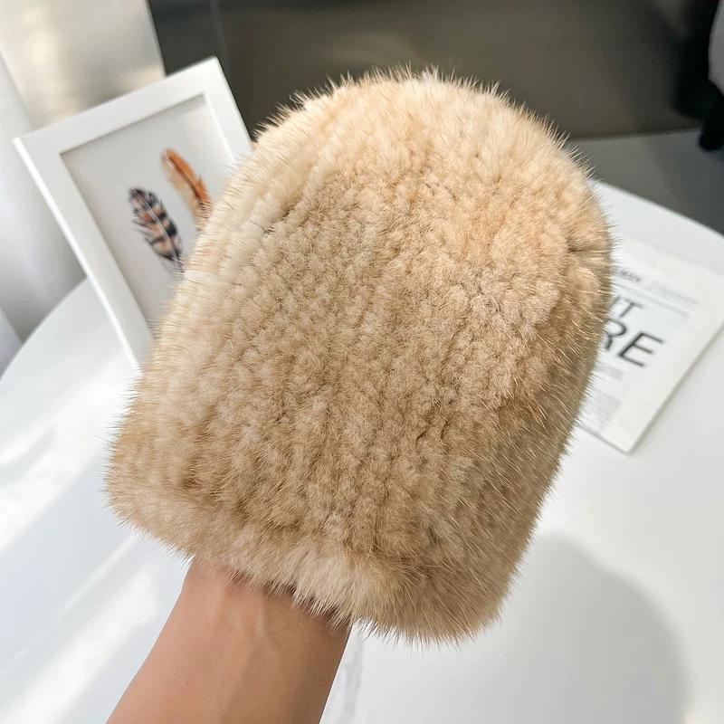 Autumn and Winter Warm Women's Double-sided Mink Hair Woven Fur Hat Retro Versatile Fashion Elastic Melon Rind Small Round Hat