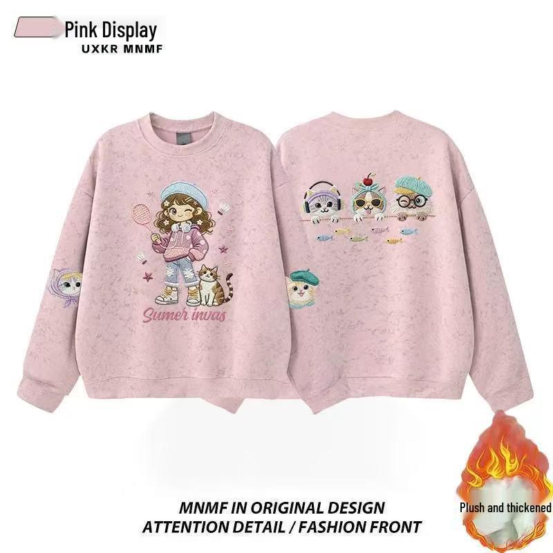 Girls' Tie-Dye Crewneck Sweatshirt with Cartoon Cat - Fleece-Lined for Spring and Autumn 2025, Medium & Large Sizes