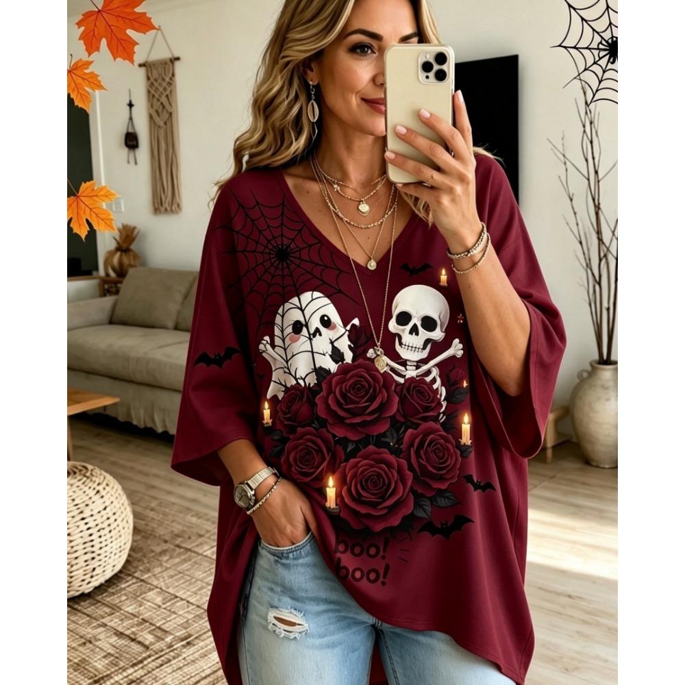 Halloween Printed T-shirt, Pumpkin Lantern Ghost T-shirt, Plus Size Women's V-neck Bat Sleeve Seven Quarter Sleeve Casual Top