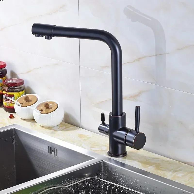 Copper Hot and Cold Modern Kitchen Sink Faucet Stainless Steel Dual Spout Drinking Water Filter Double Handle Sink Mixing Tap