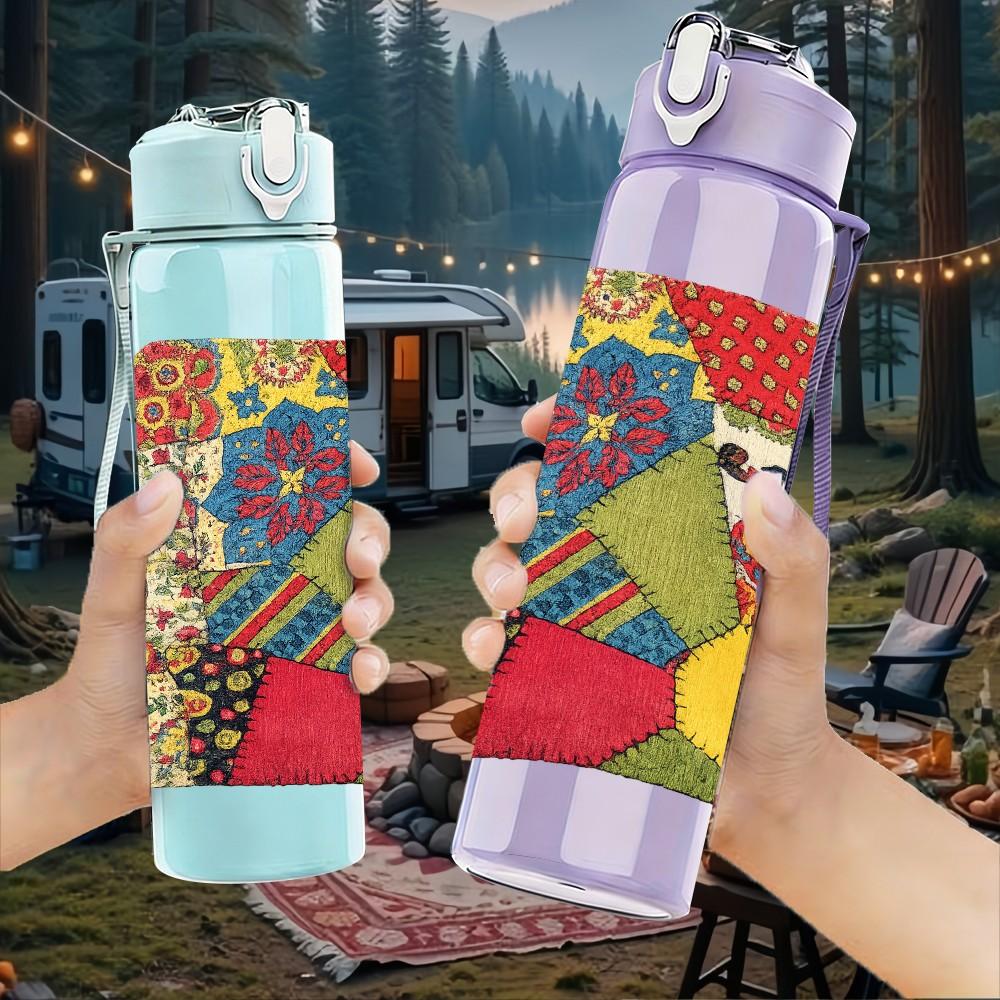 1PC Crazy Colorful Patchwork Quilt Print 750ml Color Plastic Sports Water Bottle Leakproof Flip Straw Lid Suitable for Sports Office Home Use