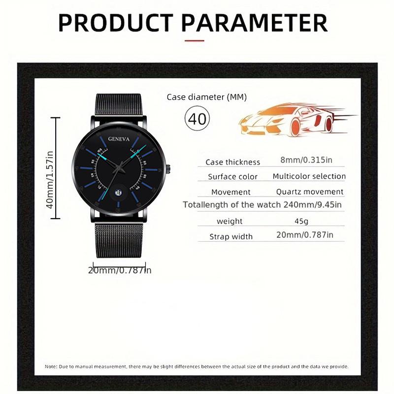 2ks/sada módních pánských obchodních hodinek se síťovaným řemínkem, quartzových hodinek, klasických kreativních kalendářních náramkových hodinek a náramku