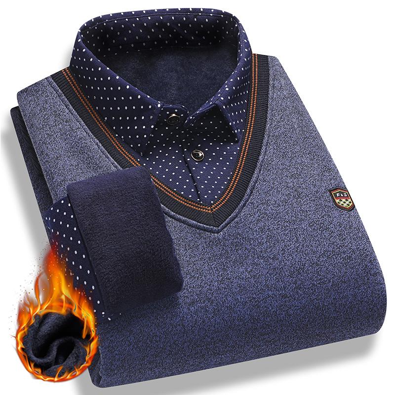 Vintage Plaid Sweater Pullover Men Thick Warm Knitwear Winter Autumn Patchwork Men's Fleeced Polo Collar Pullovers