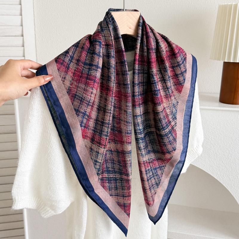 White polka dot peony flower small square scarf cotton and linen silk scarf women's high-end neck yarn air-conditioned room scarf shawl thin