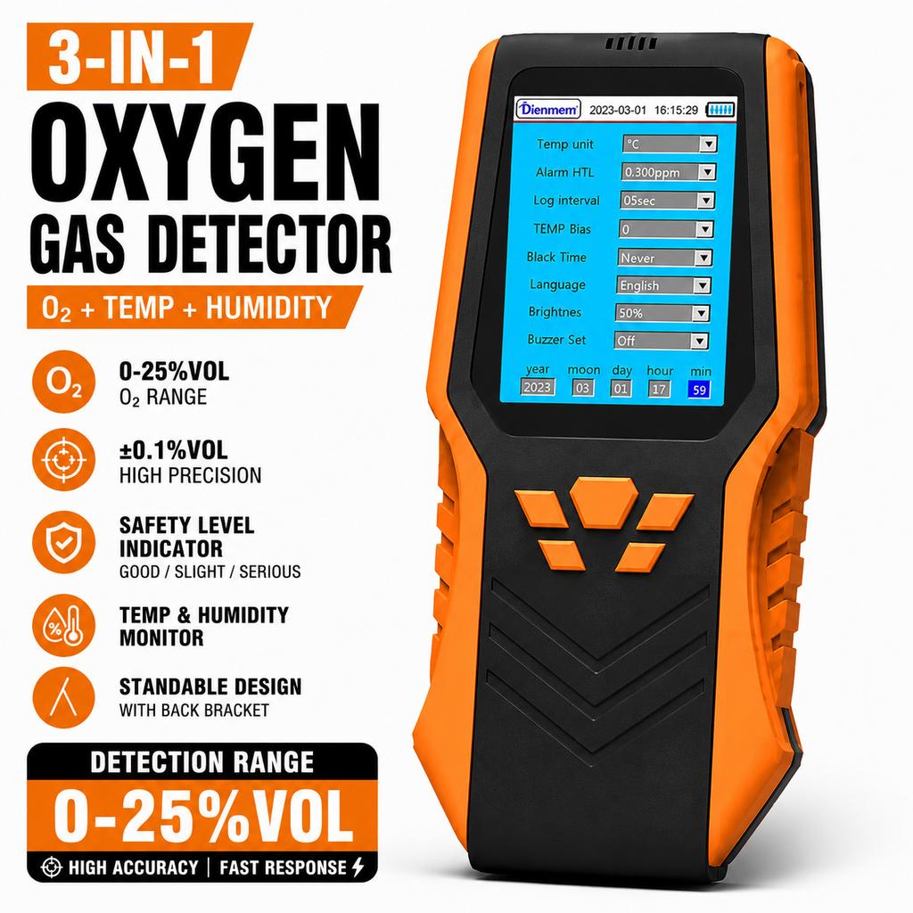 Portable Handheld O2 Detector, 0-30%Vol Oxygen Gas Monitor with 1.5s Fast Response, Temp & Humidity Tester 14H Long Working Suitable for Home Camping