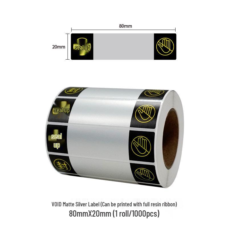 Silver VOID Tear-proof Anti-counterfeit Label - Tamper-evident Seal with Residual Word Transfer.