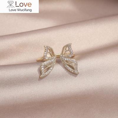 Korea  Design Fashion Jewelry 14K Real Gold Plating Zircon Hollow Butterfly Ring Elegant Women's Daily Work Accessories