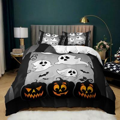 Halloween-Thema, Polyester-Bettbezug-Set, King-Queen-Size, Geist, Kürbis, Laterne, Fledermaus für Kinder, Jungen, Mädchen, Gothic, gruseliger Cartoon