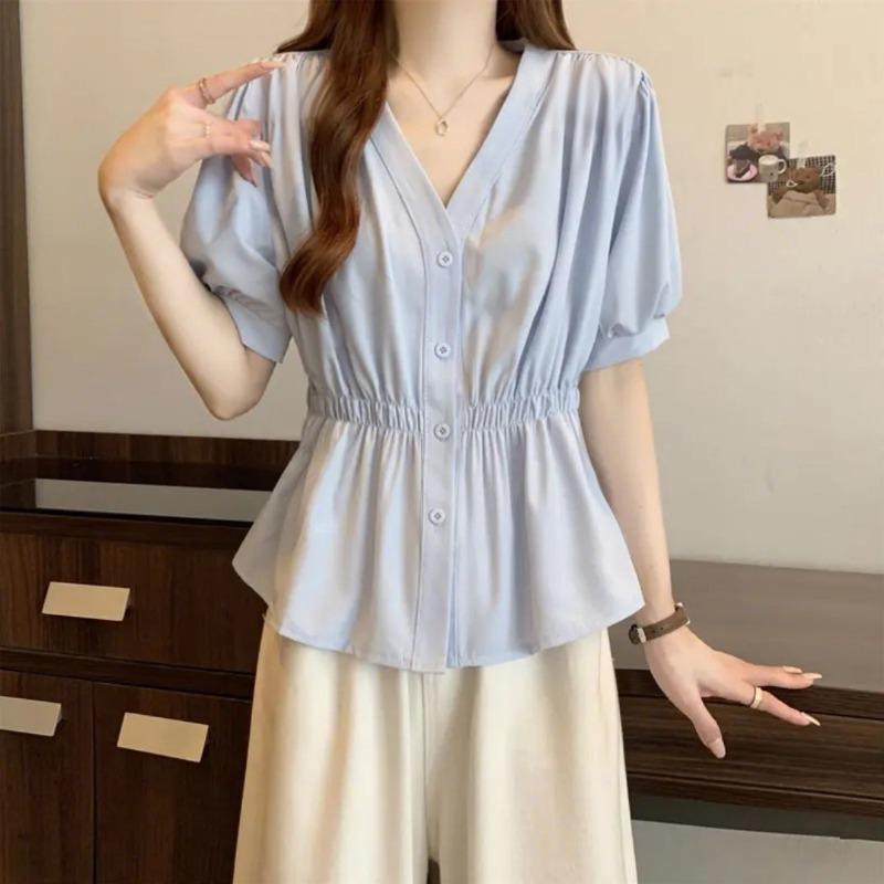 Women Light Blue V Neck Puff Sleeve Elastic Waist Peplum Button Down Casual Blouse M синий