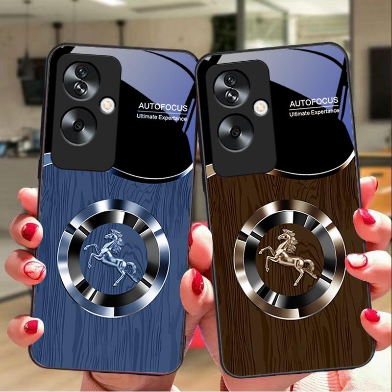Wood Grain Horse Blue For Oppo A79 5G 58 78 74 60 4G Reno 11F Realme GT 6 11 Note 50 10 C55 X2 Tempered Glass Black Phone Case