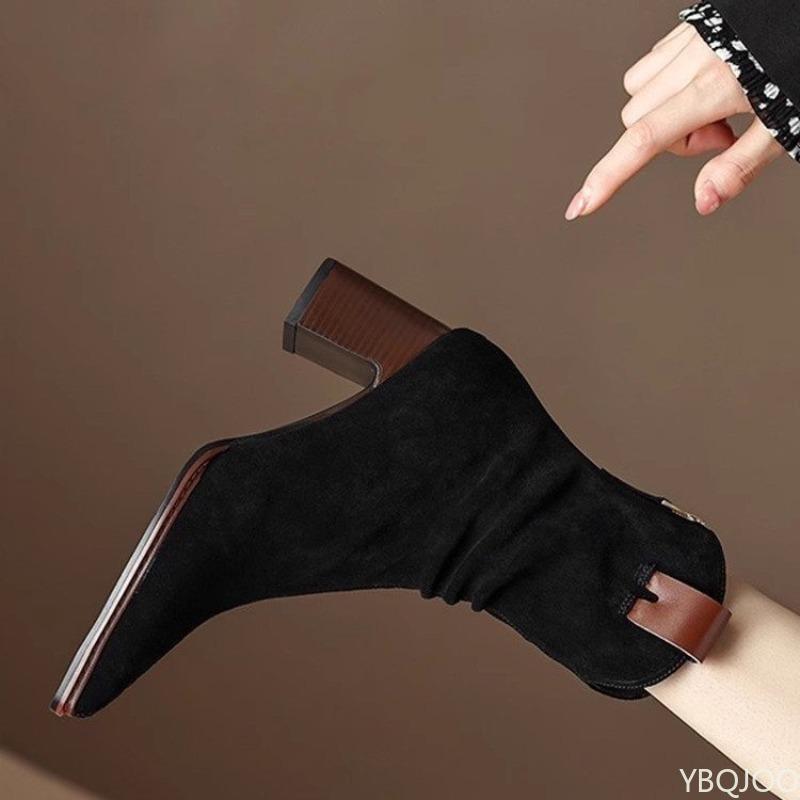Fashion New Spring Retro Minimalist Suede Low Heel Ankle Boots Chunky Fashionable Versatile Women Comfortable Pointed Short Boots