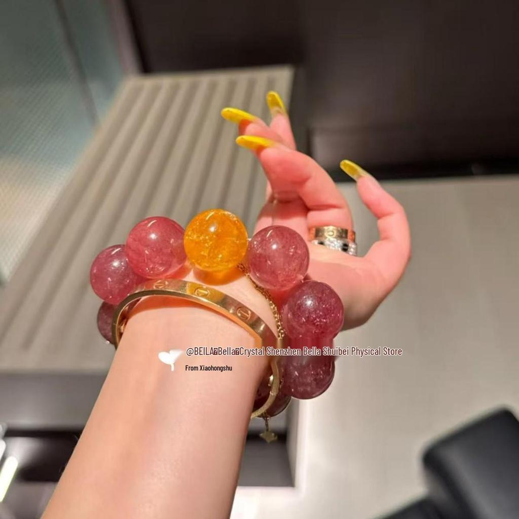 Women's Large Strawberry Quartz Multi-Gem Five Elements Crystal Bracelet - Light Luxury, Unique Beaded Design