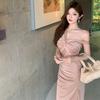 Dinner Dress Birthday Party Small Dress Pleated Hip Wrap Temperament Celebrity Neck Shoulder Dress