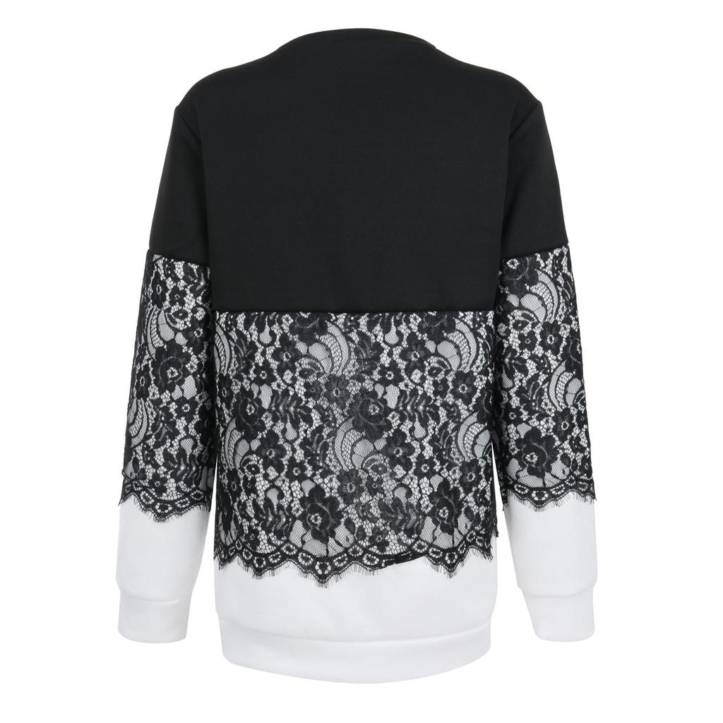 Ladies Casual Color Round Neck Stitching Pullover Lace Side Long Sleeves