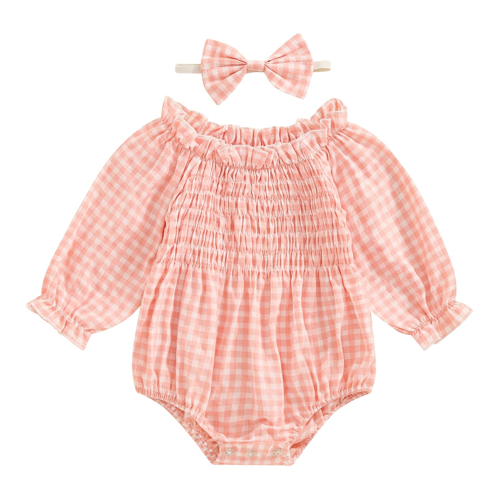 

Комплект из 2 предметов для девочек, осенняя одежда, боди с открытыми плечами, длинными рукавами, сборками и повязкой на голову, комплект детской одежды 6-12 Months розовый