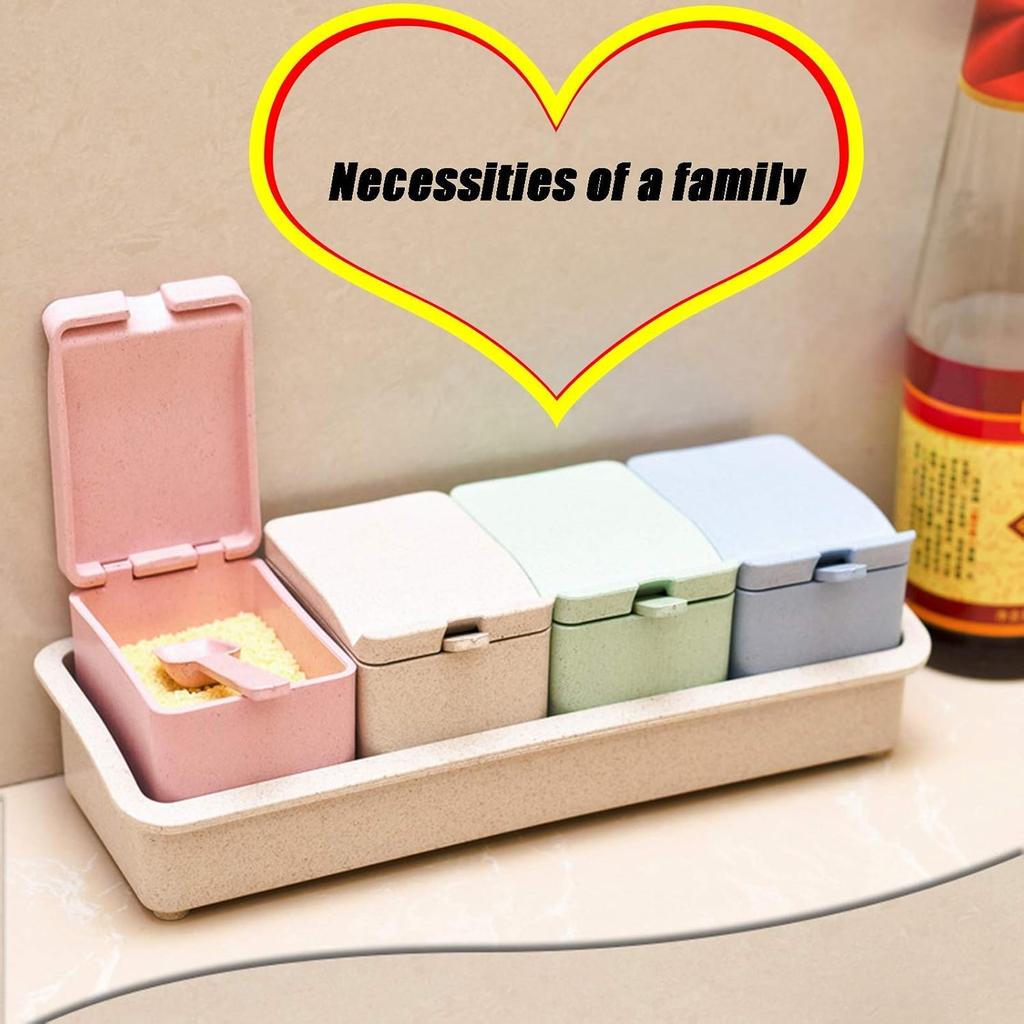 Condiment Containers with Lid and Spoon,Seasoning Box Condiment Jars with Spoons Seasoning Container for Kitchen and Home,Multicolors,Rice husk