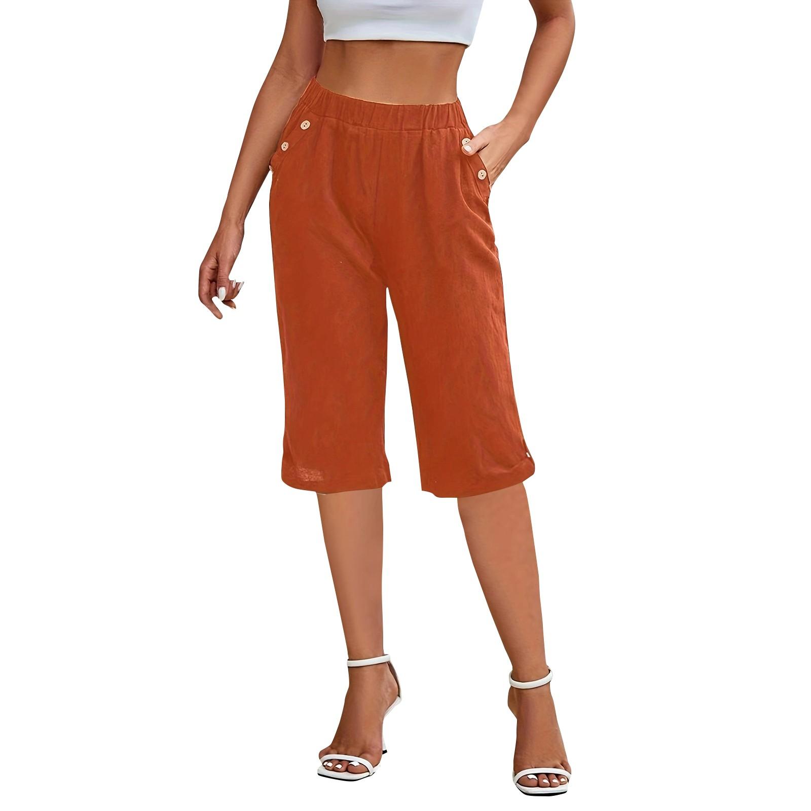 

Fashion Button Shorts Pocket Cotton And Linen Casual Pants XL гарячі рожевого кольору