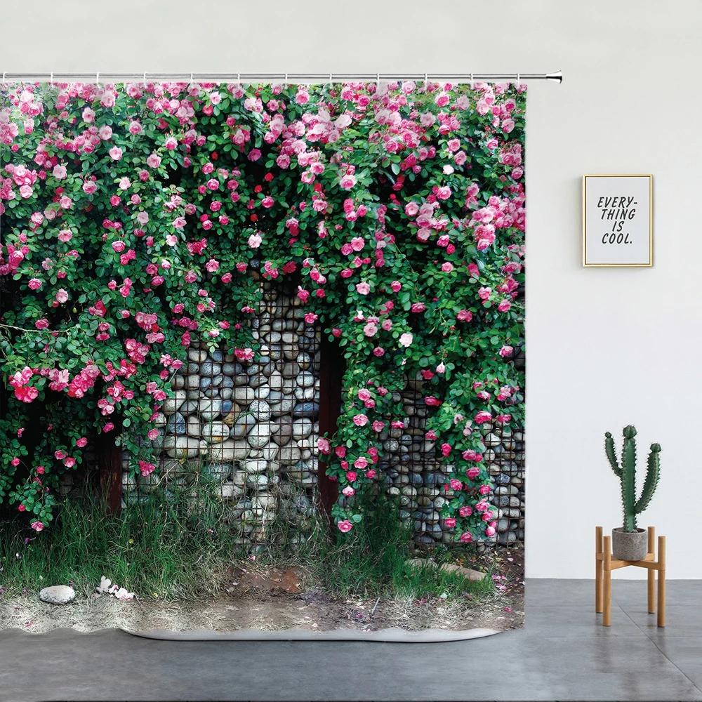 Green Ivy And Old Stone Of Wall Shower Curtain Nature Bathroom Extra Long Waterproof Washable Polyester Fabric For Bathtub Decor