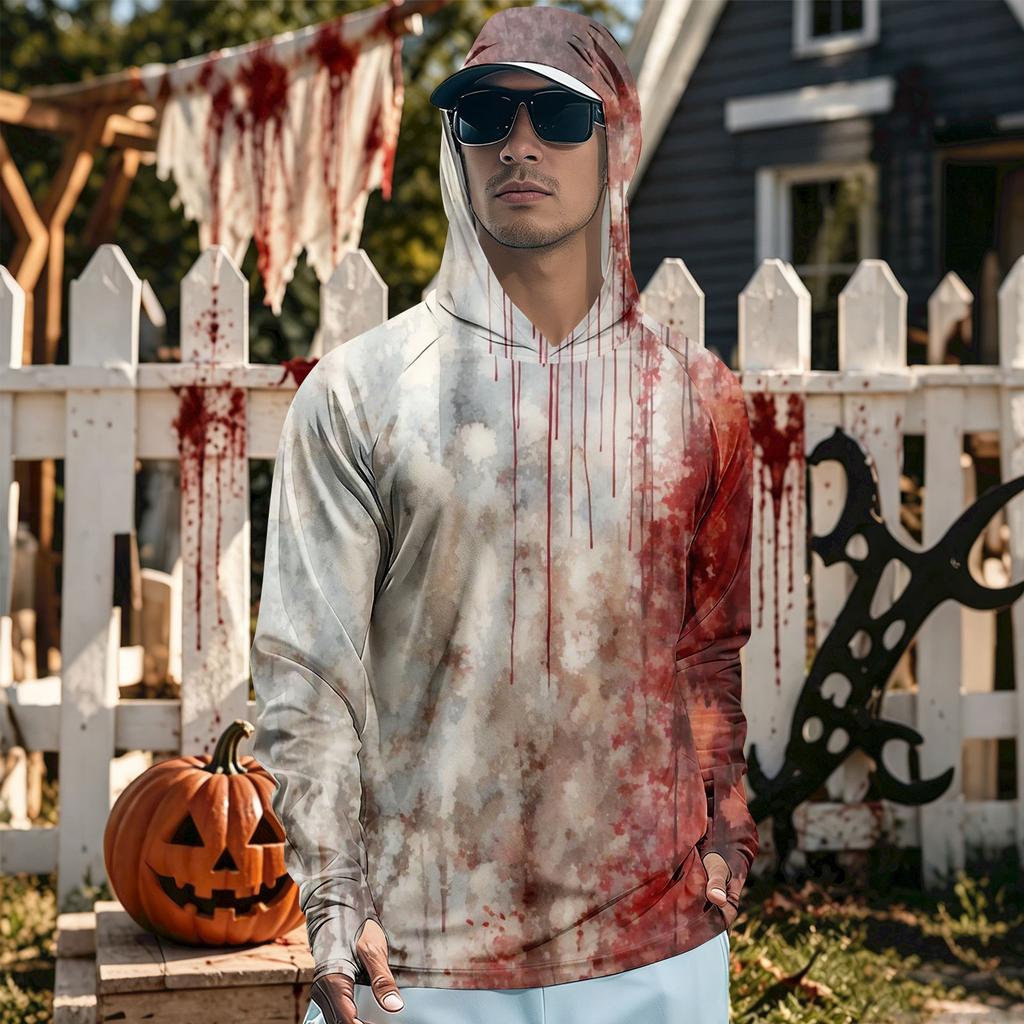 Men's Long Sleeve Hooded T-Shirt Quick Dry Sun Halloween Print for Fishing Gym Outdoor