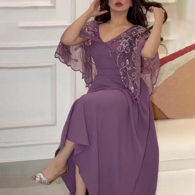 Robe de soirée pour femme, coupe trapèze, broderie florale, châle, couleur unie, grand ourlet, sans manches, style élégant, robe de bal, robe longue