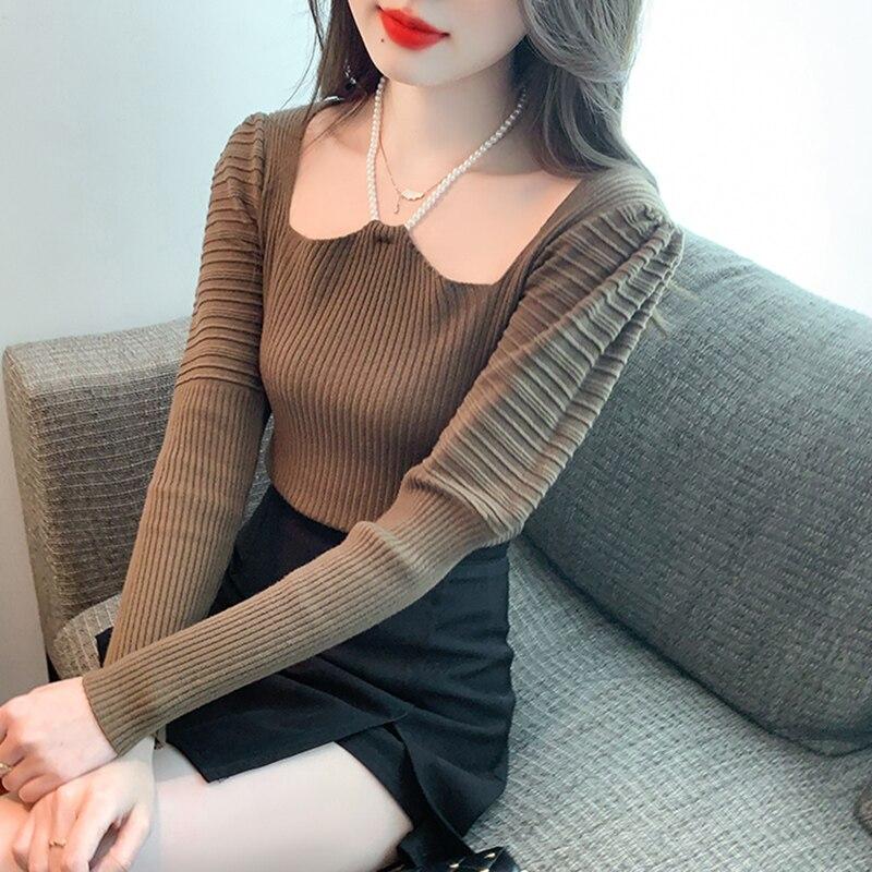 Style français perle licou pull doux col carré hauts en tricot femmes pull automne coupe ajustée à manches longues hauts vêtements 28864