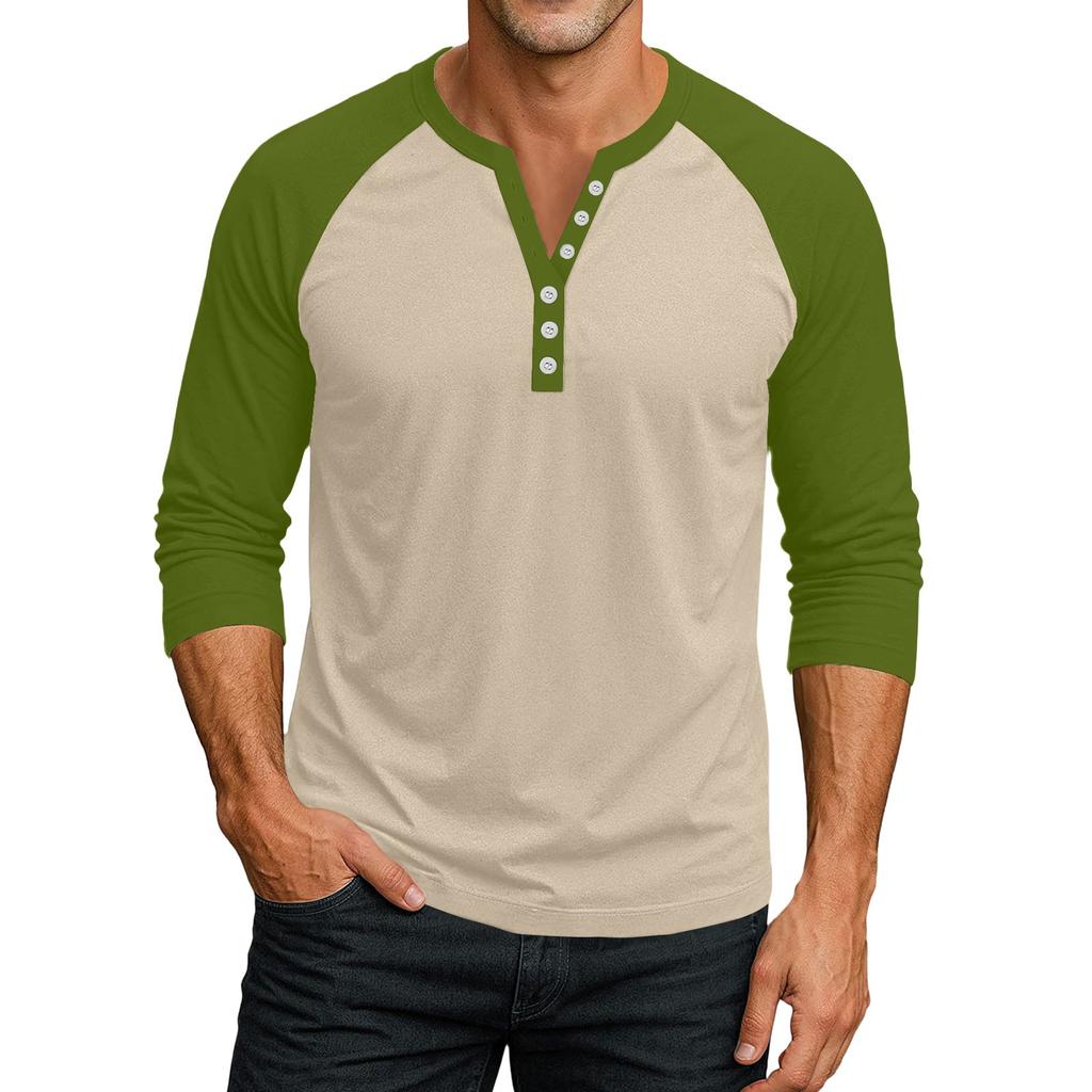 Men's Button-Down Contrast Raglan 3/4 Sleeve Top