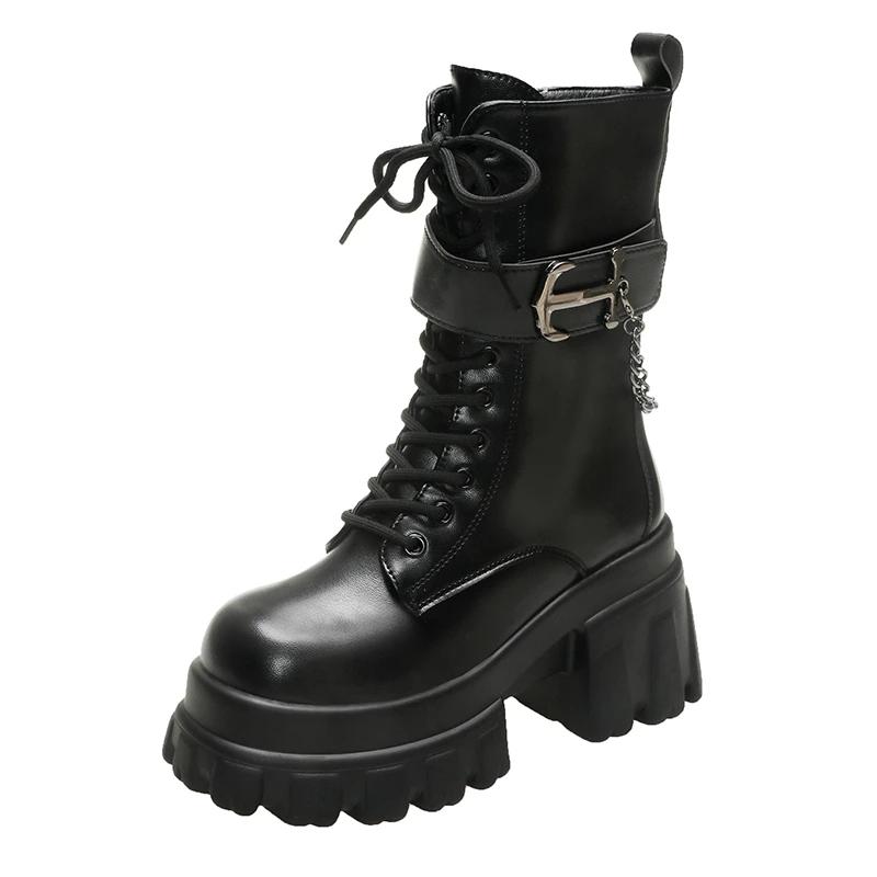 

Модные ботинки до середины икры на массивной платформе 9 см для женщин, новые осенне-зимние мотоциклетные ботинки, женские кожаные ботинки на толстой подошве с нескользящей подошвой 34 чёрный
