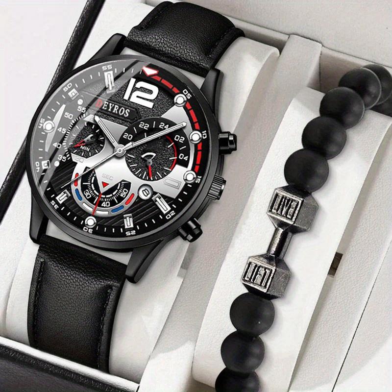 

2pcs/set Men s Business Sports Quartz Watch Creative Date Dial PU Leather Wrist Watch & Bracelet, Father s Day Valentine s Day Gifts for Him