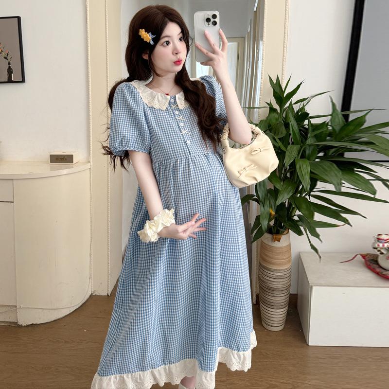 2026 Summer Blue Plaid Lace Maternity Dress for Stylish Moms Extra Large