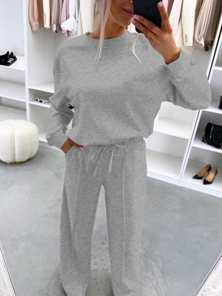 2026 Autumn/Winter European & American Style Casual Two-Piece Set: Drop Shoulder Long Sleeve Top & Ruched Long Pants