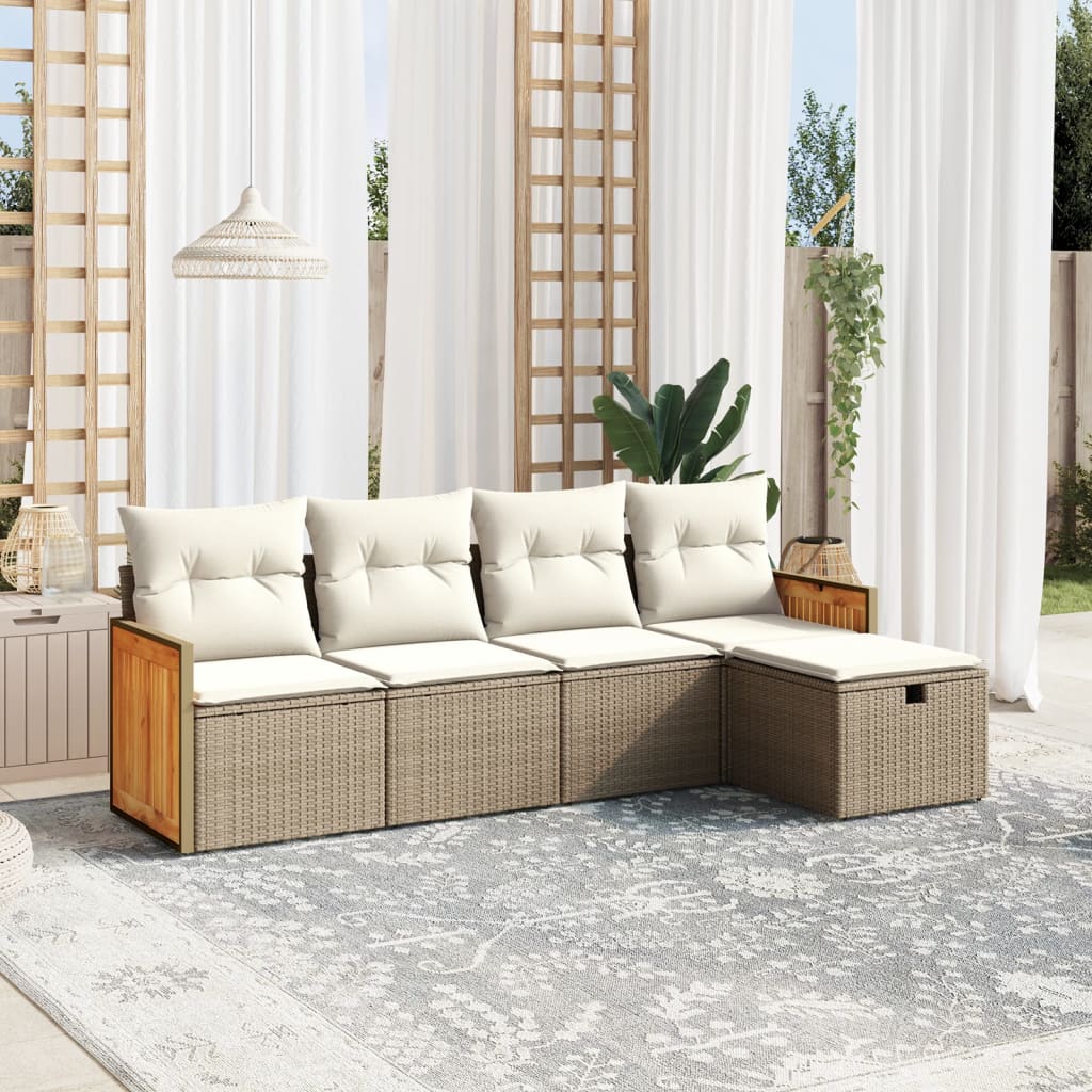 5 Piece Garden Sofa Set with Cushions Beige Poly Rattan