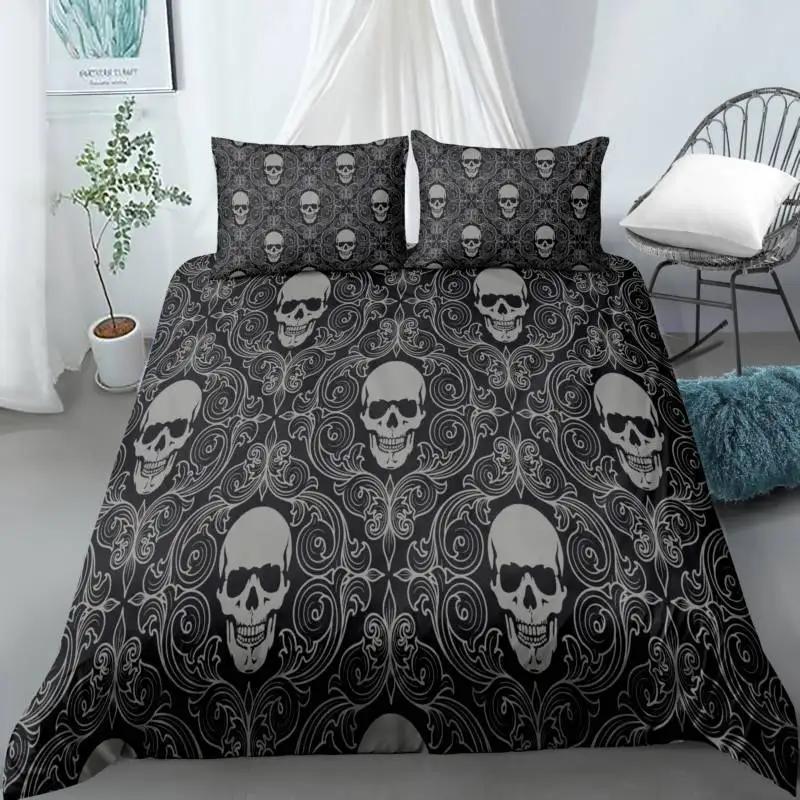 Skull Duvet Cover Set, Abstract Texture with Skull and Crossbones Pattern Aged Rusty Grunge Style 2/3pcs Polyester Bedding Set