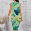 Women Plus Size Crew Neck Sleeveless Midi Dress Oil Painting Style Daisy Butterfly Floral Print Bodycon Dress