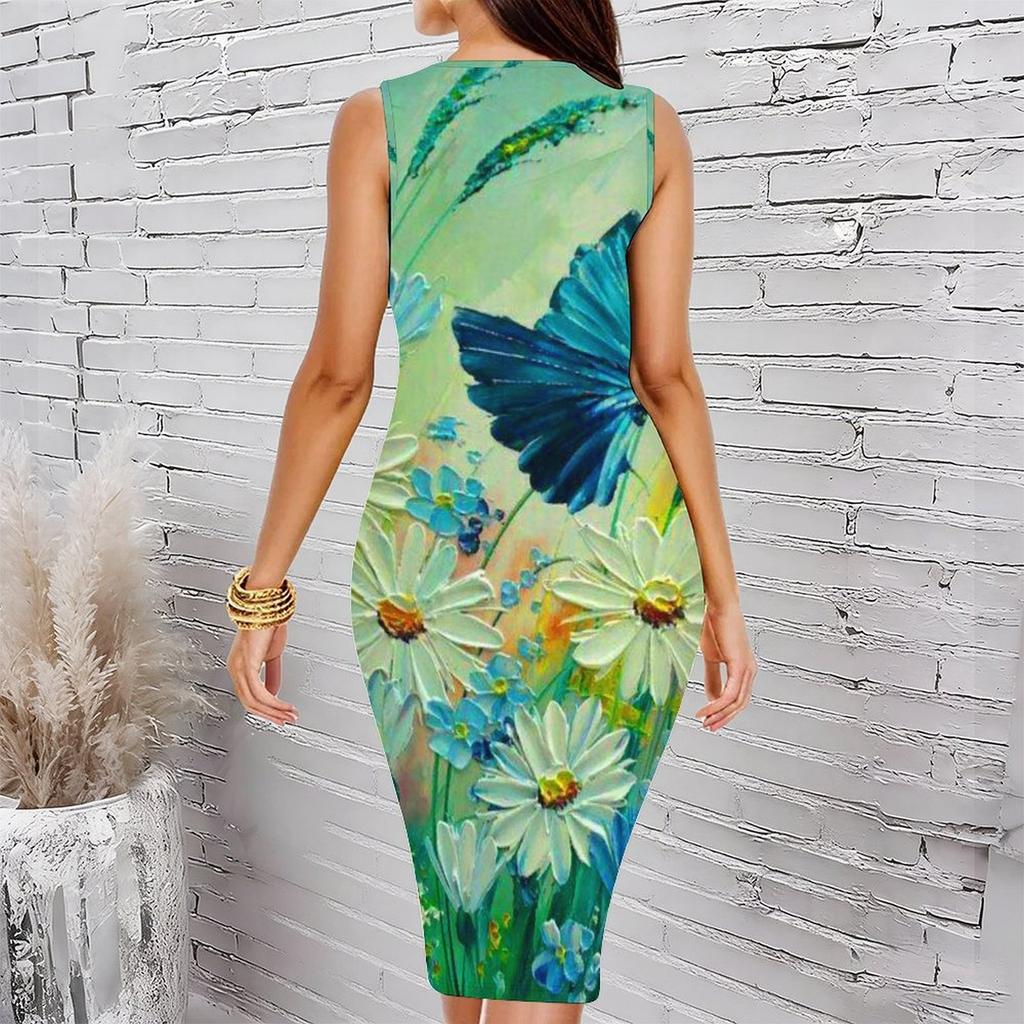 Women Plus Size Crew Neck Sleeveless Midi Dress Oil Painting Style Daisy Butterfly Floral Print Bodycon Dress