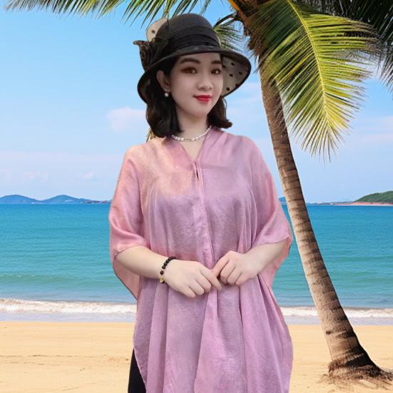 Summer Shawl V-Neck Buttons Placket Lightweight Sun Protection Versatile Beach Shawl Solid Color Vacation Sunscreen Shawl