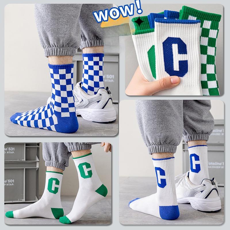 5 Pairs of Socks Cotton Spring and Summer Sports Mid-calf Checkerboard Basketball Socks Big C Green Blue Winter Tide Socks Men and Women