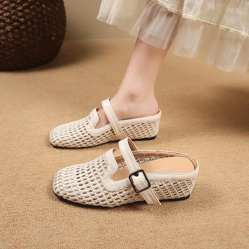 New Fashion Mesh Slippers Design Sandals for Women Square Toe Wedge Heel 5.5cm Belt Buckle Slip On Mules Leisure Shoes