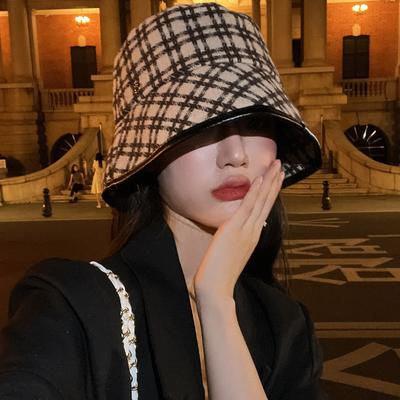 Hat Fashion Leather Along Thousand Bird Grid Bucket Hat Winter Warm Show Washbasin Hat Tide