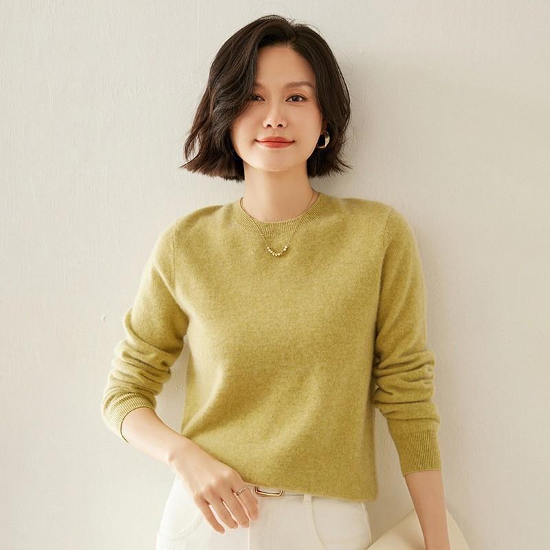 QICED Spring and Autumn Women's Pullover Knitted Sweater, Round-neck Solid Color, Fashionable and Simple Long-sleeved Base Layer