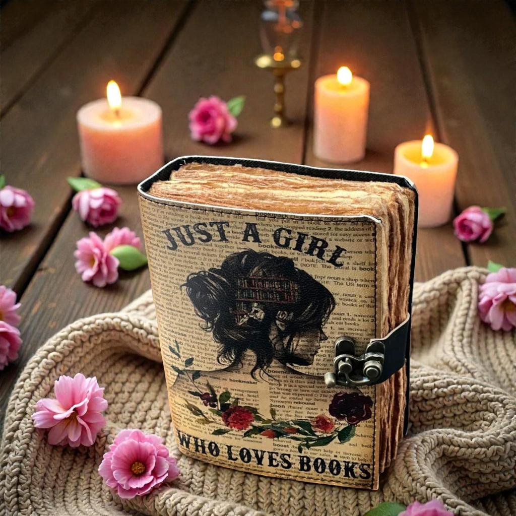 Handmade “Just a Girl Who Loves Books” Leather Journal | Vintage 5x7" Notebook with 200 Deckle Edge Pages | Literary Diary for Book Lovers