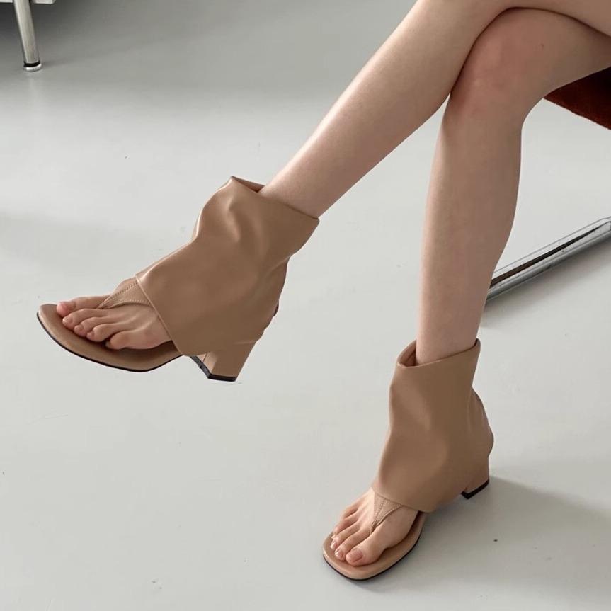2025 Summer New Thick Heel Trousers Toe Sandals Ins Sleeve Toe Short Boots French Temperament Cool Boots Women