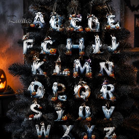 Halloween Wooden Hanging Ornaments Letter Ornament, Spooky Alphabet Letters Pendant with Ghost Handmade Craft Supplies for Parties Pumpkin Witch