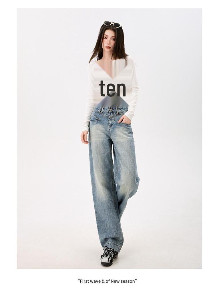 Spring 2026 Women's High-Waisted Retro Wide-Leg Jeans - Slimming, Floor-Length Design