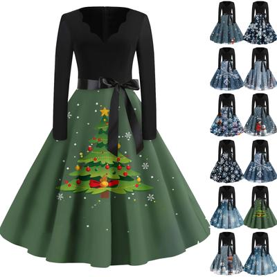 Women's Fashion Vintage Long Sleeve V-Neck Christmas Printed Evening Party Dresses Dresses
