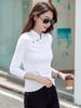 Women's Retro Korean Style Cotton Slim Fit Long Sleeve T-Shirt with Stand Collar and Diagonal Buttons 