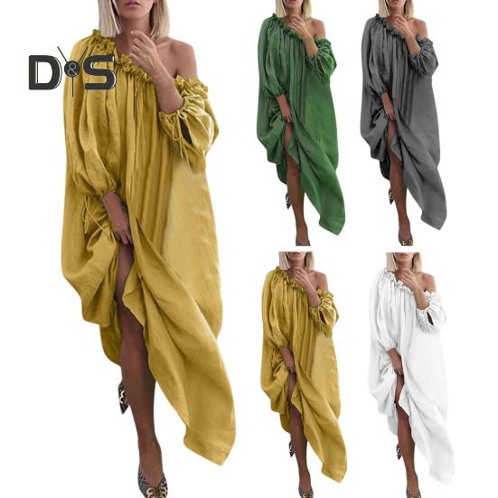 Damenkleid mit schrägem Halsausschnitt, gerafften langen Laternenärmeln, lockere, reine Farbe, plissiert, volle Länge, Urlaub, Strand, Robe, Maxikleid