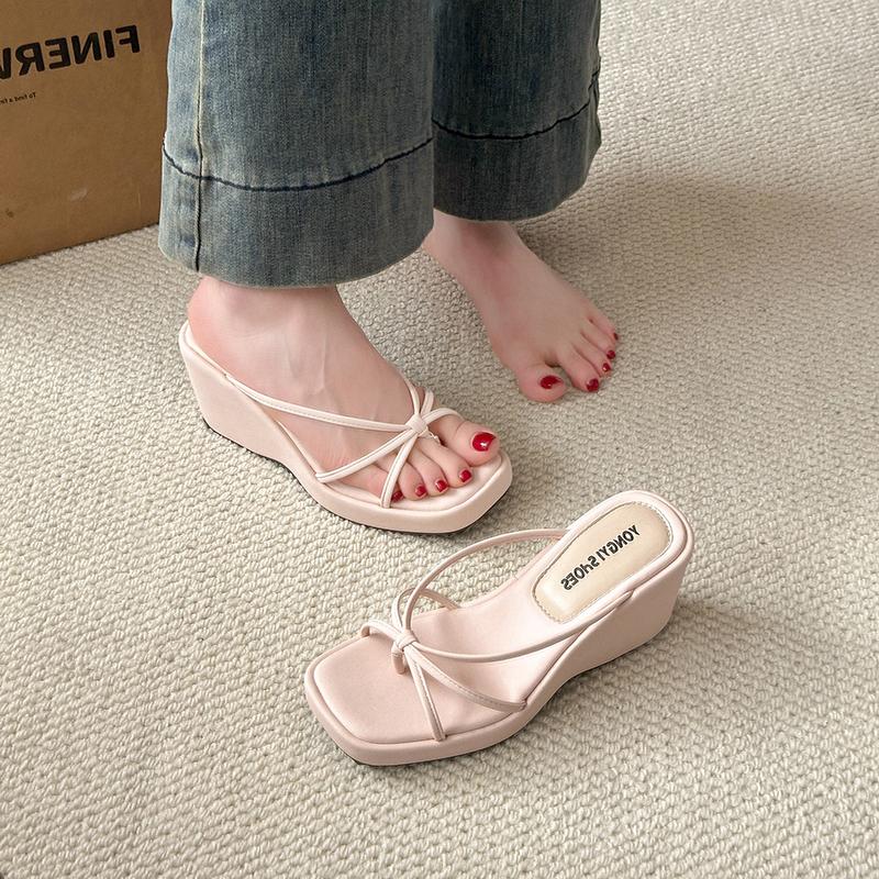 Designer Summer Women Wedges Heel Clip Toe Slippers Concise Narrow Band Slide Ladies Outdoor Party Dress Sandalias