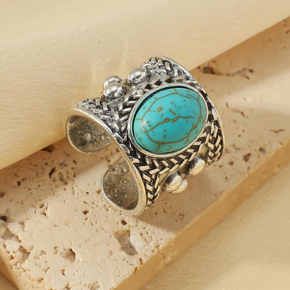 Retro Turquoise Diamond-Inlaid Ethnic Ring