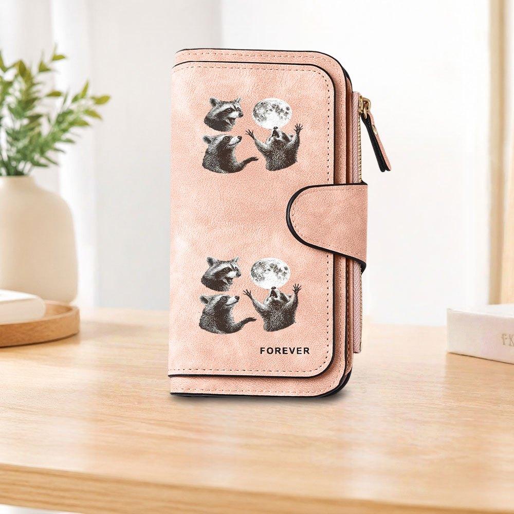 Raccoon Moon-Watching Long Zipper Wallet, Large Capacity Card Holder, Unisex Clutch Bag, Fashionable Zipper Coin Purse, Suitable for Daily Use, A