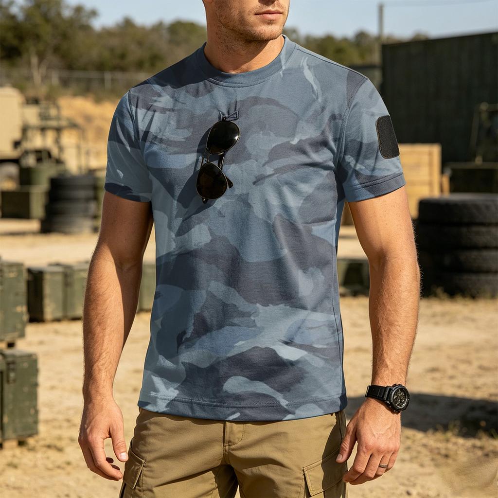 Men's Tactical Outdoor Quick Dry Short Sleeve T Shirt Loose Fit Breathable Crew Neck Camouflage Print with Hook and Loop Patch Area